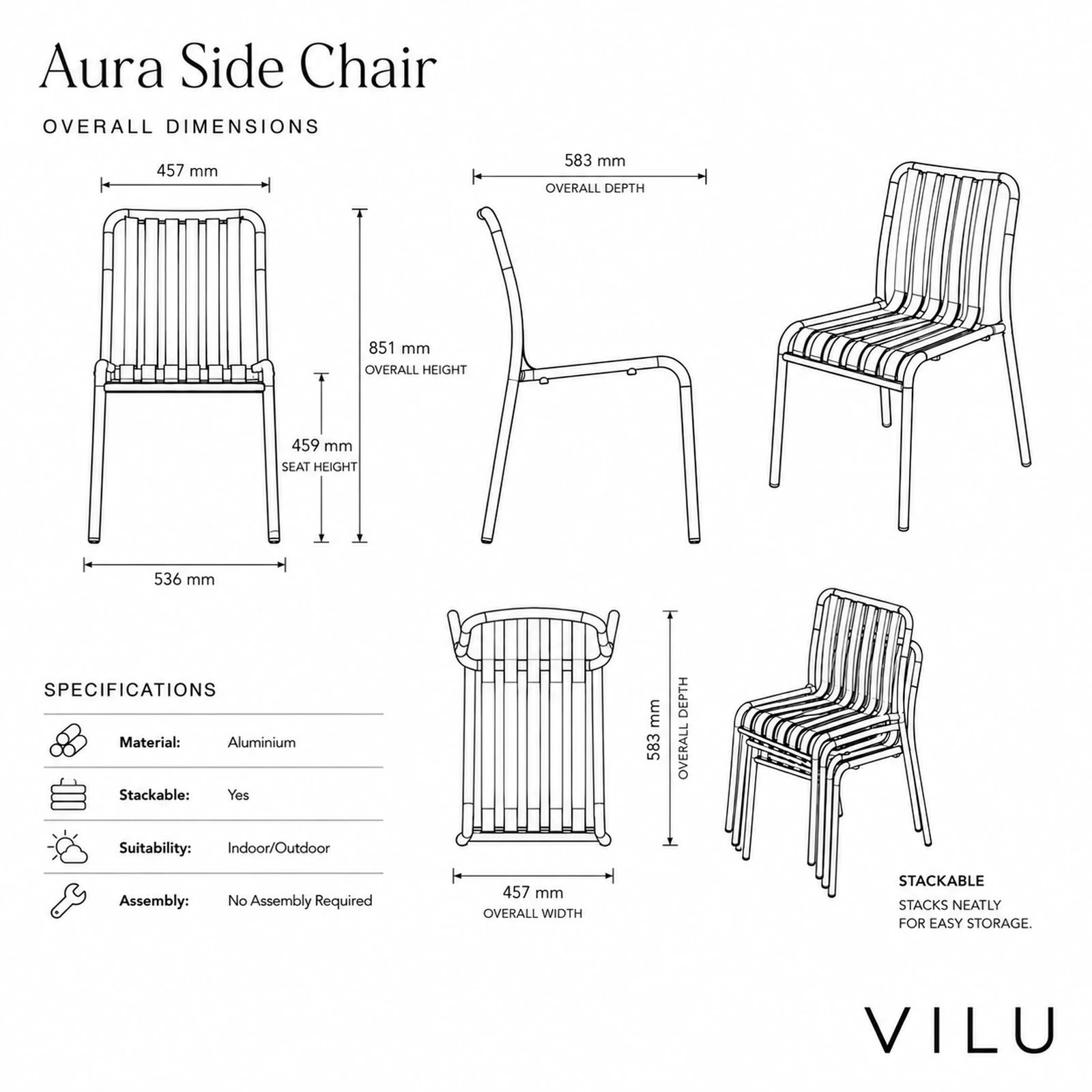 VILU Aura Side Chair technical dimensions showing 851 mm overall height, 583 mm depth, 459 mm seat height and stackable Aluminium design for indoor and outdoor spaces in Sydney, Australia.