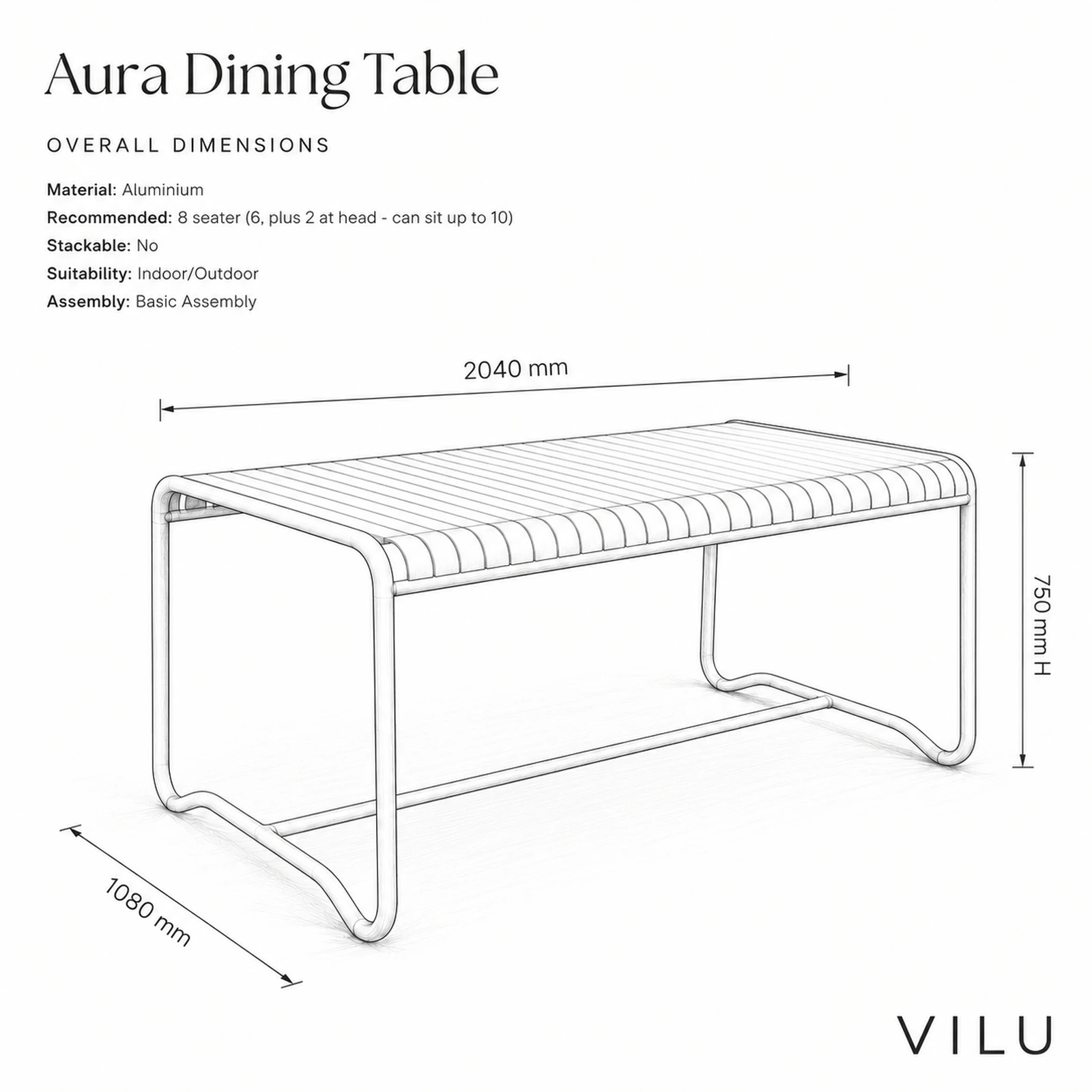 Technical drawing of the VILU Aura Dining Table showing 2040 mm width, 1080 mm depth and 750 mm height, with Aluminium construction and seating for up to 10 people.