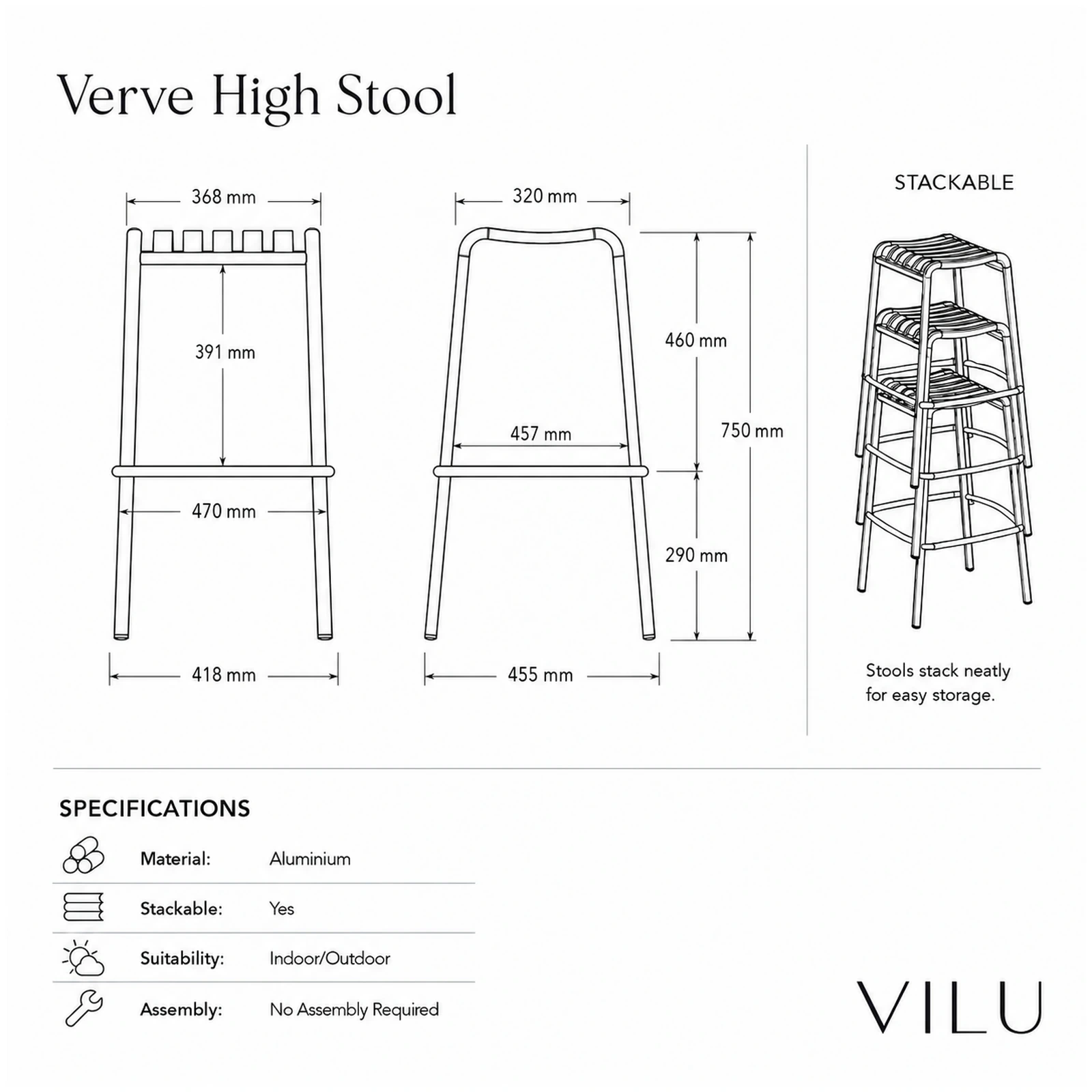 Technical drawing of the VILU Verve High Stool showing key dimensions, including 750 mm height, stackable design, Aluminium construction, and indoor/outdoor suitability for Australia and Sydney hospitality spaces.